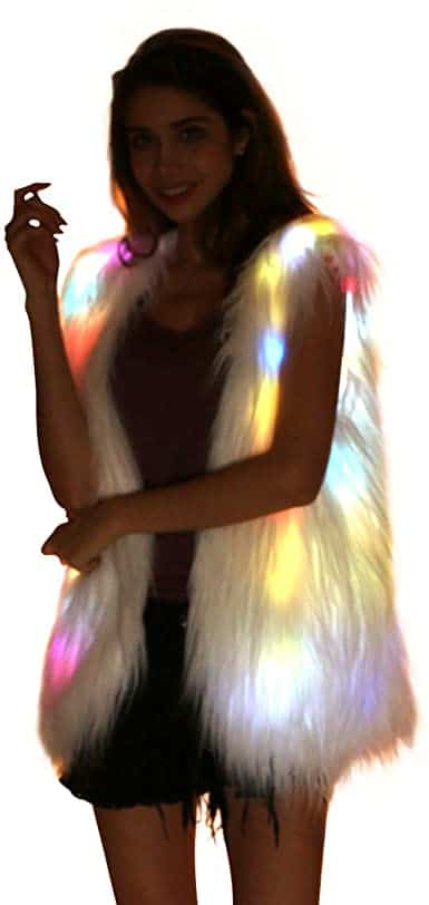 Women Faux Fur Outwear Winter Light Up Burning Glow Fluffy Sparking Rainbow LED Costume Waistcoat